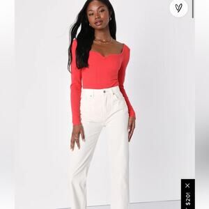 Lulus Appealing Simplicity Ribbed Notched Long Sleeve Bodysuit Top Women Size S